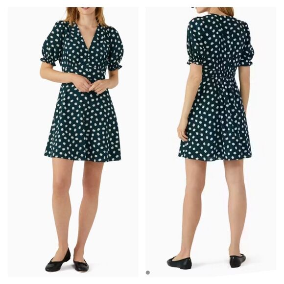 Kate Spade Dark Green Floral Dot Dress Button Front 10 - Picture 1 of 9